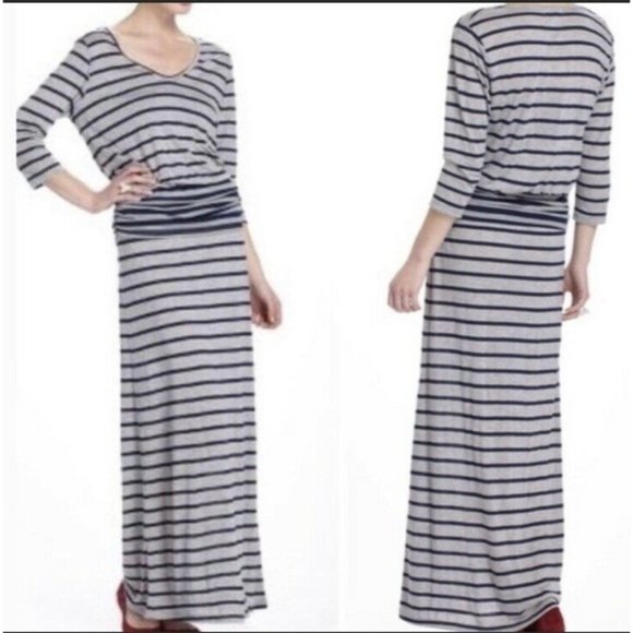 ANTHROPOLOGIE PUELLA GRAY BLUE STRIPE LONG MAXI DRESS XS RARE HTF GORGEOUS - Picture 1 of 5